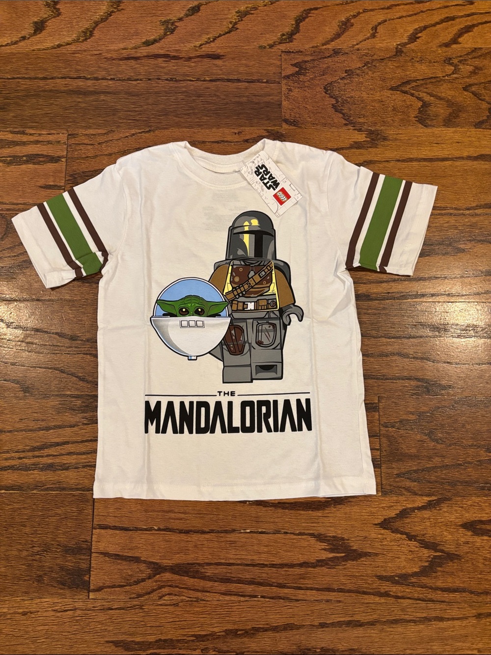 Star Wars White Tee with Green & Brown Mandalorian Graphic for Boys